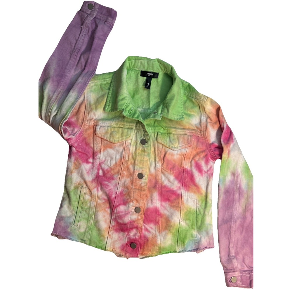 Aqua Girl Tie Dyed Rainbow Jean Jacket‎ Size Medium Denim